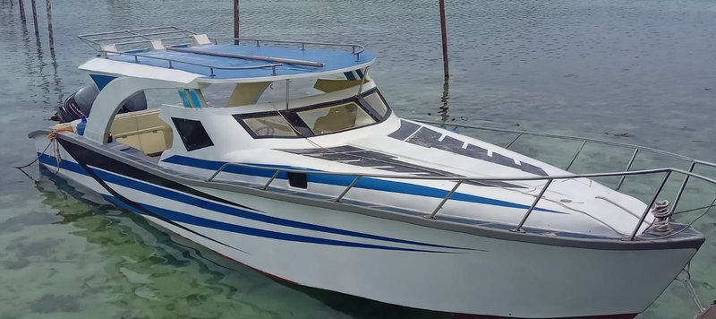 The larger covered boat moored beside the villas